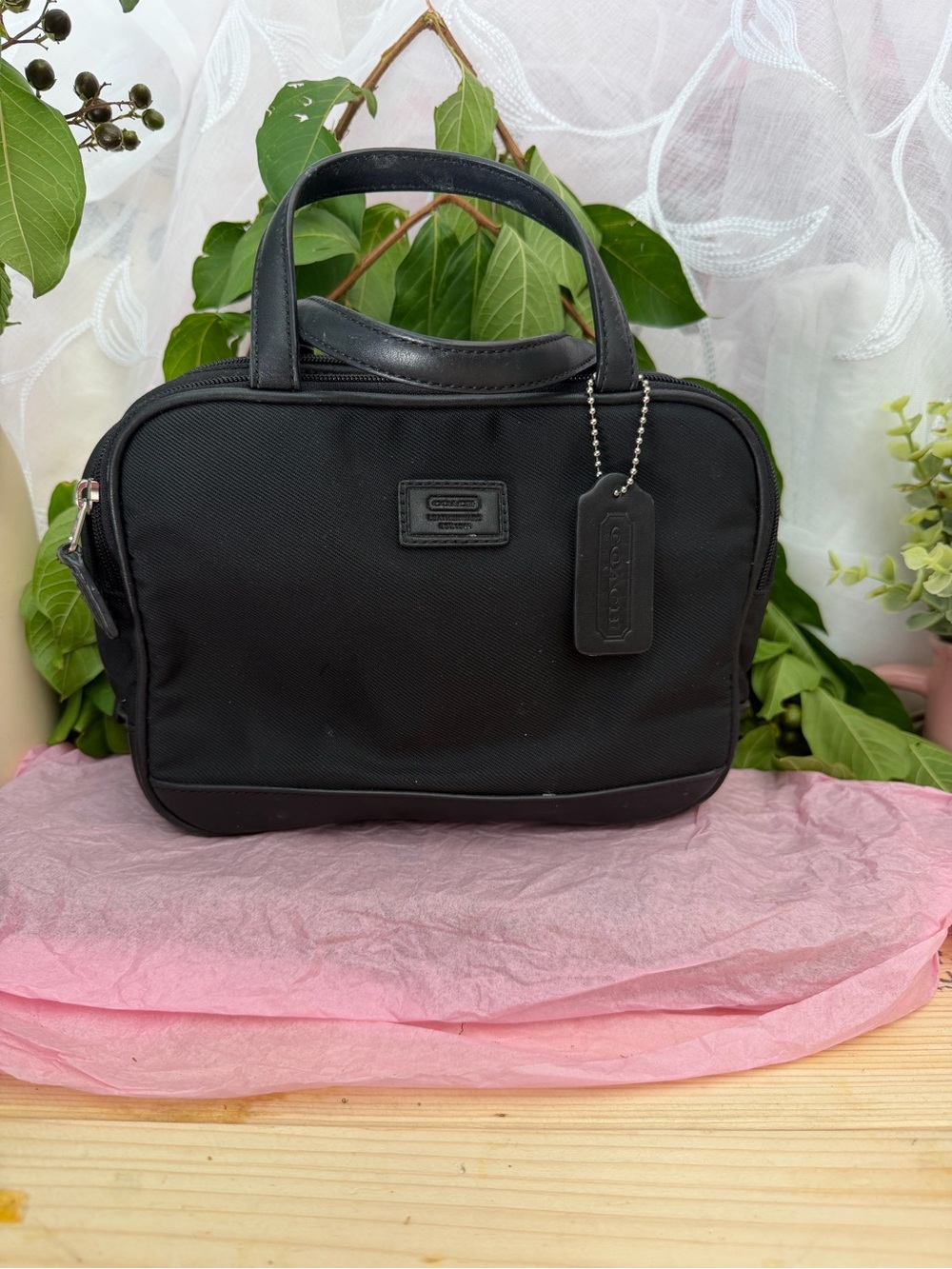 Coach Black Nylon Cosmetic Carryall with Leather Trim